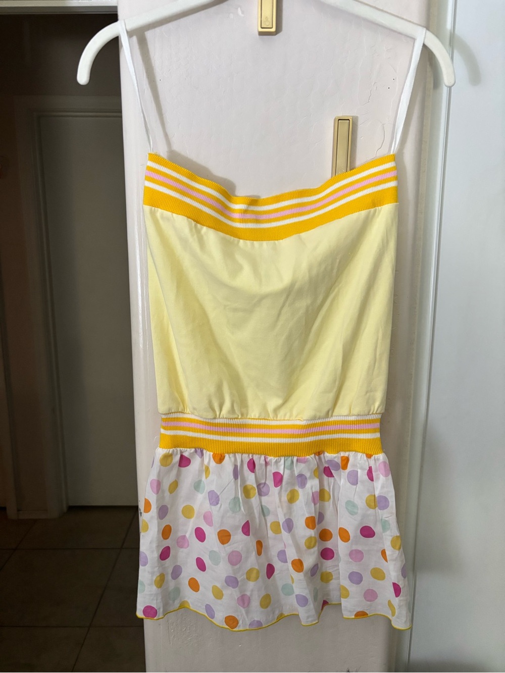 NWOT Yellow Polka Dot Strapless top with Stripe Trim, Size Small